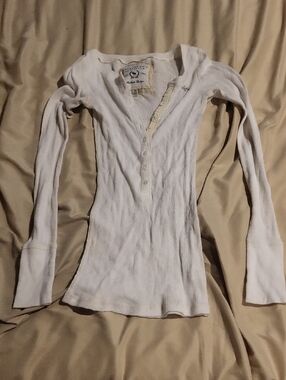 Abercrombie & Fitch Off-White Ribbed Henley Long Sleeve Top